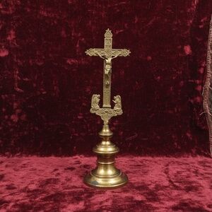 Antique French Crucifix Altar Cross, Ornate Metal Standing Cross, Catholic Decor
